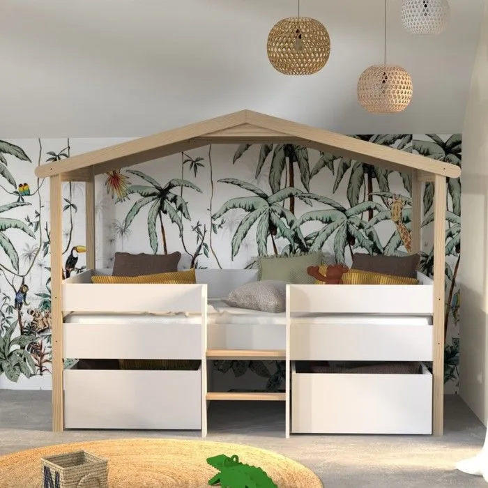 Lit cabane PILOTI 90x200 + 2 tiroirs + 1sommier / Blanc et naturel-3