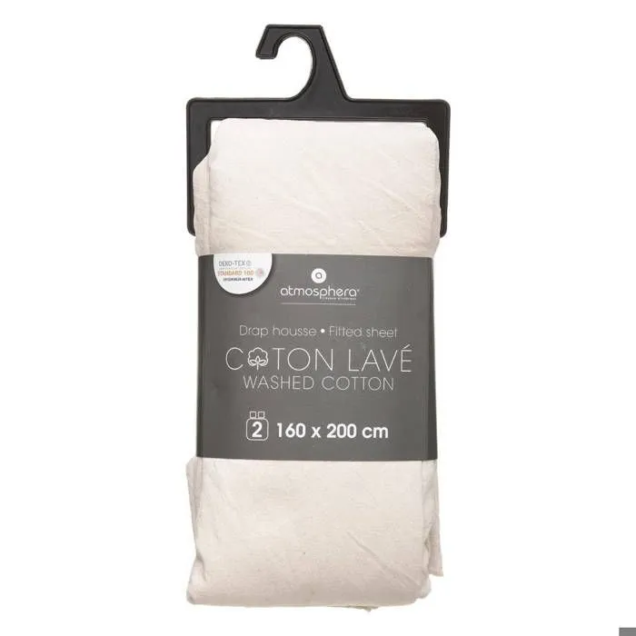 Drap housse - ATMOSPHERA - Ivoire - 160 x 200 cm - Coton lavé - Hauteur bonnet 27 cm-1