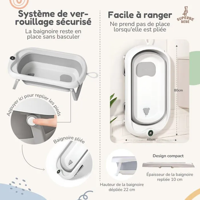 Baignoire Bébé Pliable avec Coussin de Bain et Thermomètre Intégré - SUPERBE BEBE-2