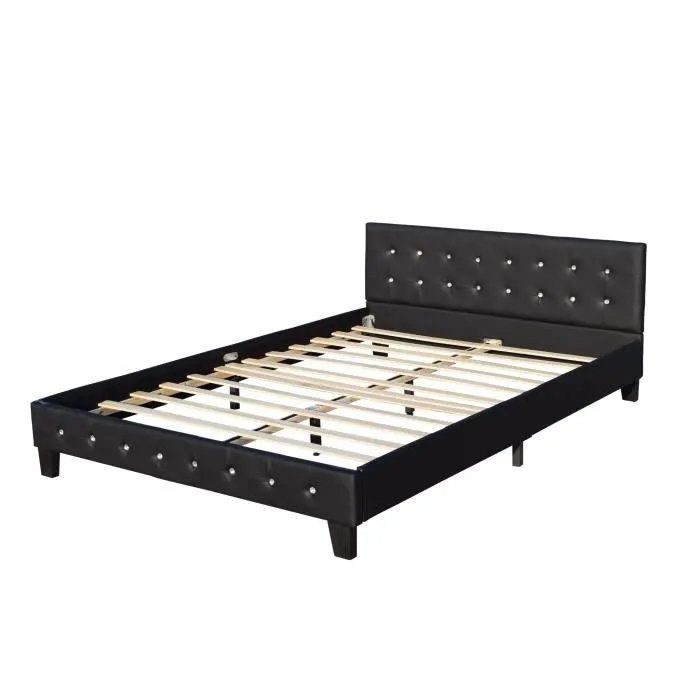Lit 180x200 cm - Tte de Lit Capitonne Noir - Sommier Lattes 13 Rsistantes - Pieds en 10 cm-1