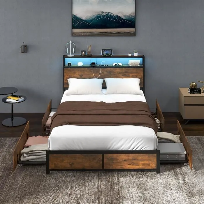 COSTWAY Lit Double Industriel pour Adulte 140x200CM - Contrôle par APP, Lumineuse LED, Bluetooth, Prise de Courant et 4 Tiroirs-0