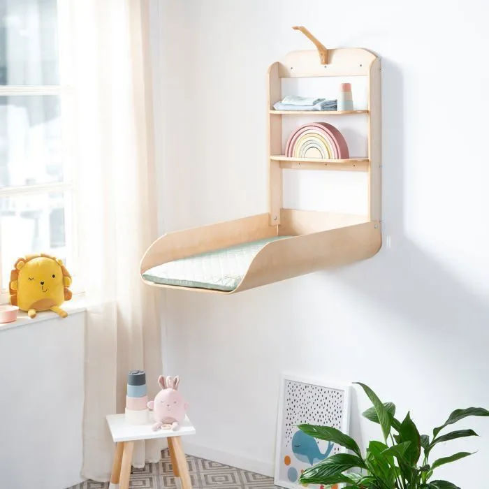 Table à Langer Murale et Rabattable - ROBA - Bois Naturel - Étagères Intégrées - Design Minimaliste-1