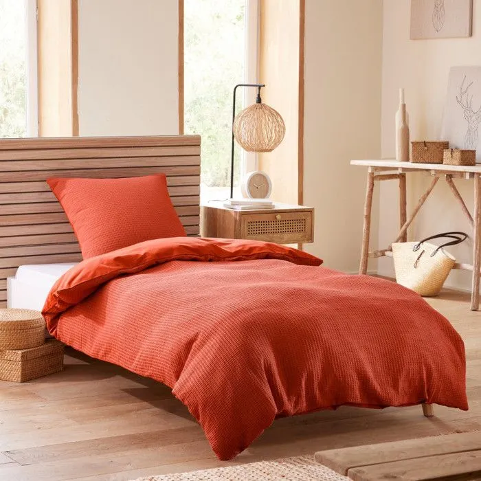 Parure de couette "Nid d'abeille" 140 x 200 pour lit 1 place - Nid d'abeille Terracotta-0
