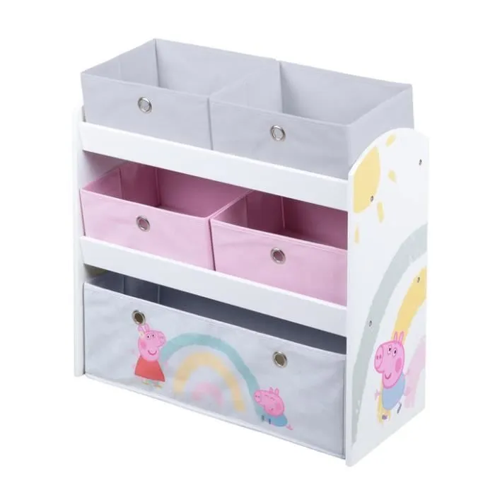 ROBA Peppa Pig Étagère de Rangement pour Jouets - 5 Boîtes en Tissu - Motif de la Truie et Cochon - Bois Laqué Rose - Blanc-0