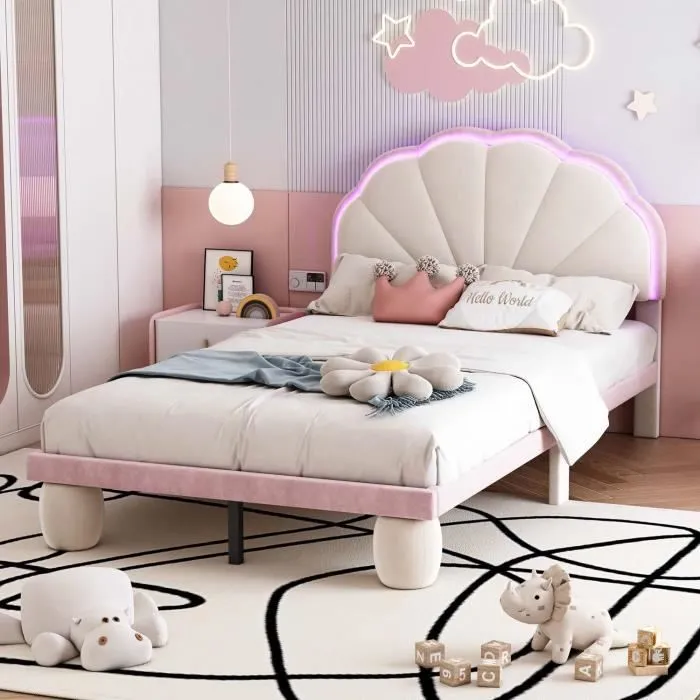 Lit enfant 90x200cm, lit rembourré avec LED, tête de lit en forme de coquille, sommier à lattes, tissu en velours, beige + rose-2