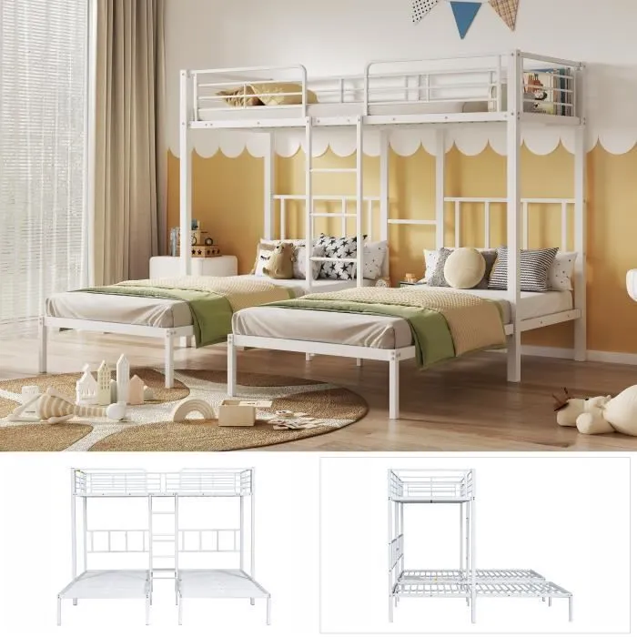 ModernLuxe Lit superposé triple 90x200cm, avec échelle et table, cadre en métal, sommier à lattes, style industriel, blanc-0