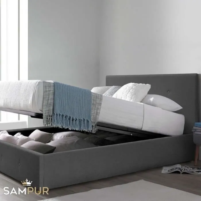 Lit Coffre Double 180x200 Prestigieux Sampur | Gris Foncé | Sommier Tissu Capitonné Inclus | Rangement Pratique | Design Moderne-0