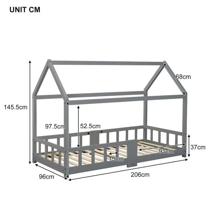 Lit cabane enfant avec barrières - Bois pin massif - Décor Bleu - Sommier inclus avec un tableau - 90 x 200 cm-3