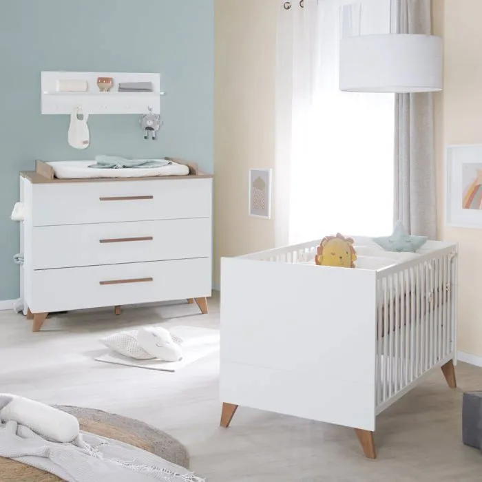 Chambre Bébé Duo ROBA - Ole - Lit Évolutif 70x140 cm + Commode à Langer avec Plan à Langer Amovible - Blanc - Chêne Foncé-4