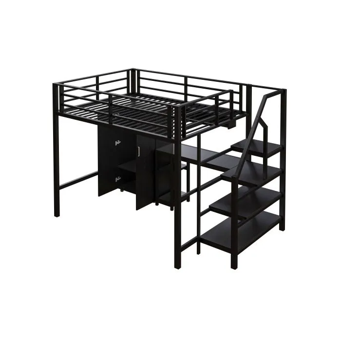 Lit mezzanine, 140*200cm , armoire, étagères, échelle de rangement, bureau, sans matelas, noir-5