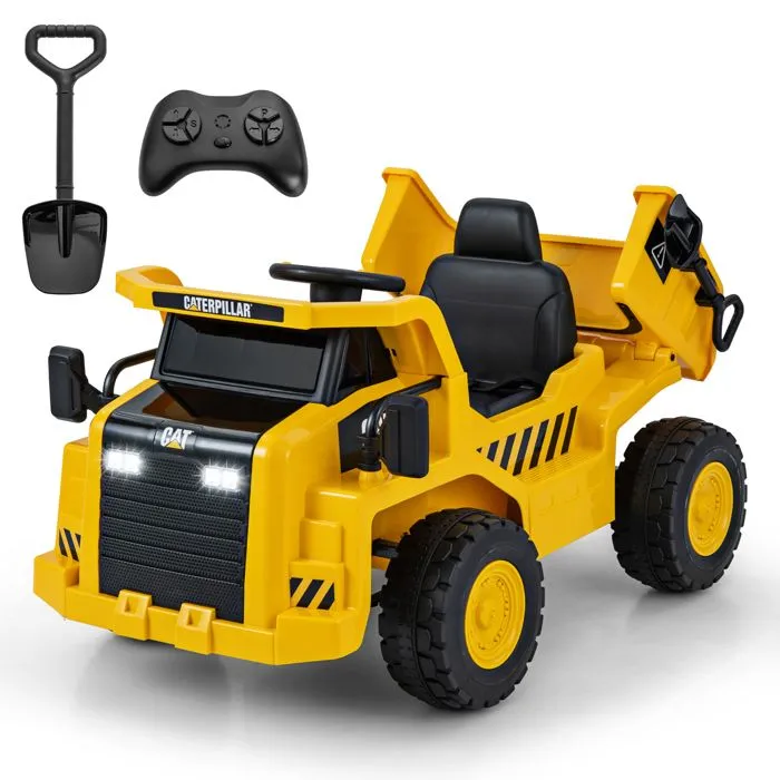 COSTWAY Caterpillar 12V Voiture Électrique pour Enfants, avec Remorque, Télécommande 2,4G, LED, Musique, Klaxon, USB et Bluetooth-0