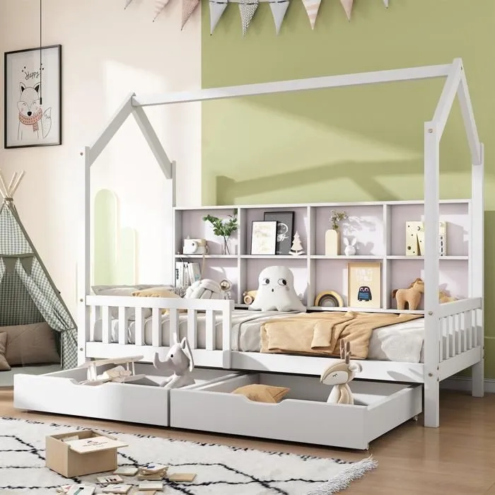 Lit d'enfant - Scandinave - 90x200 cm - Bois massif - Bibliothèque intégrée - 2 tiroirs-0