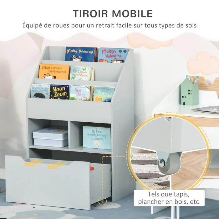 Bibliothèque HOMCOM étagère Multi-Rangement 3 étagères 2 niches Grand tiroir en bois Gris-5