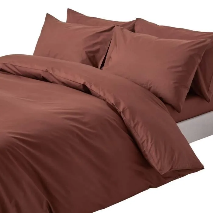 Housse de couette et taies d'oreiller unies coton égyptien 200 fils Chocolat 230 x 220 cm-0