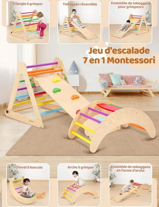 7 en 1 Triangle Arche Montessori, Arche d'escalade avec Toboggan Bois, Rampe, Échelle Réglable, pour Tout-Petits Bébé 1 Ans+-1