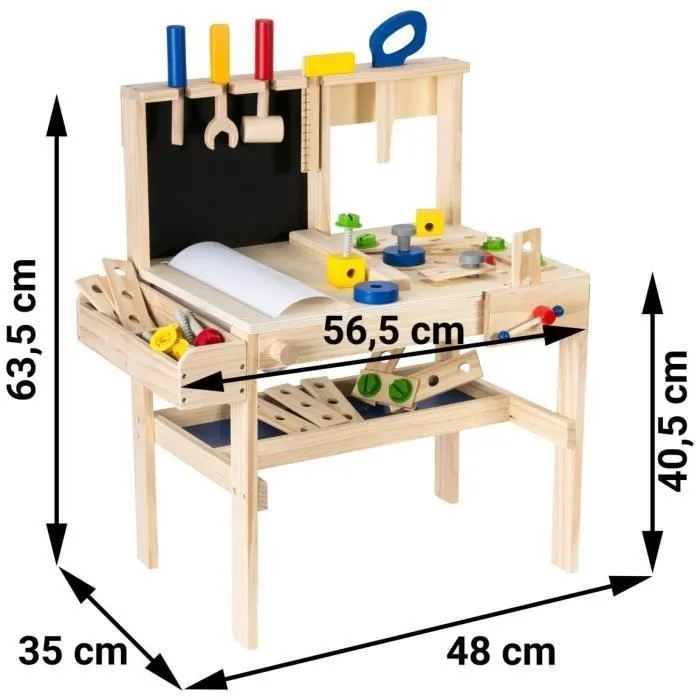Mamabrum Etabli Enfants en Bois Atelier de Bricolage Ceinture 75 Pièces Table de travail, Marteau, Scie, Tournevis, Clé, + 1 an-1
