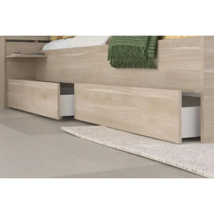 Lit adulte ESCALE 180x200 cm - Décor chêne du Japon - 2 tiroirs + Tête de lit - L235.4 x H98,2 x P216,8 cm - Fabriqué en France-5