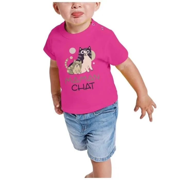 T-shirt Bébé Manche Courte Rose Maman Chat et son Chaton Dessin Illustration Bebe-1