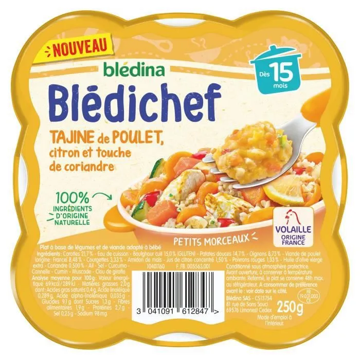 Blédina Blédichef, Repas Bébé, Dès 15 Mois, Tajine de Poulet au Citron et Coriandre, 250g-1
