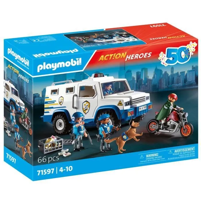 PLAYMOBIL 71597 Fourgon blindé avec convoyeurs de fonds, Action Heroes, Les Policiers, 84 pièces, Dès 4 ans-5