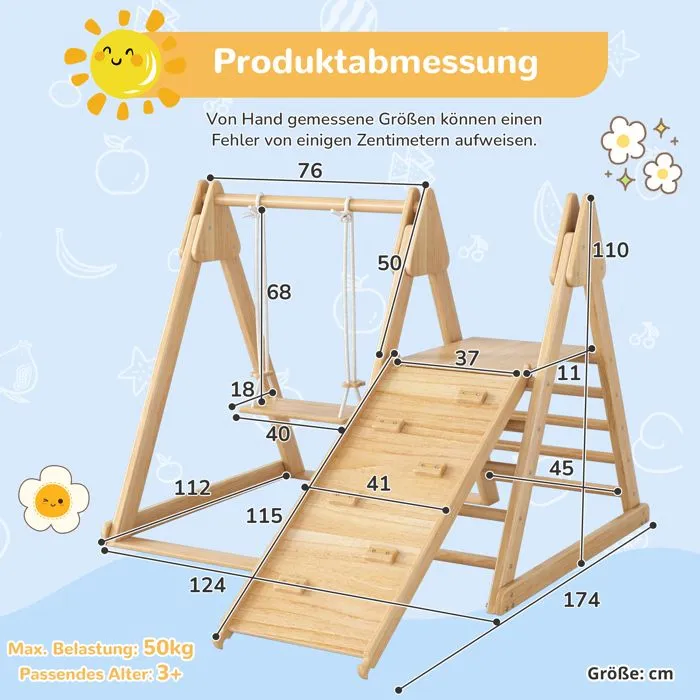 Toboggan, balançoire et escalade en bois massif de pin, Certifié Norme EN-72-3