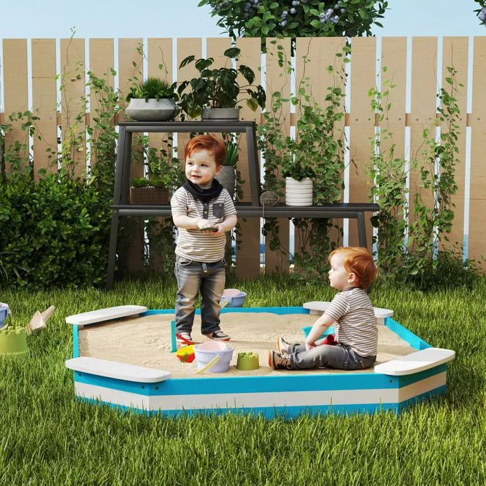 Bac à sable en bois - AIYAPLAY - pour enfants 3-6 ans - 4 sièges - 133 x 133 x 16 cm - bleu-2