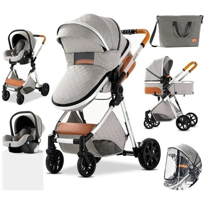 Poussette 3 en 1 Bébé Combinée Siège-Auto Landau Nacelle Réglable Sac à Langer Haute Qualité Poussette Canne Gris Clair-3