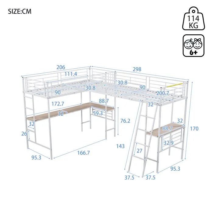 Lit mezzanine - Blanc - 90x200 cm - Métal - Bureau d'angle - 2 places-5