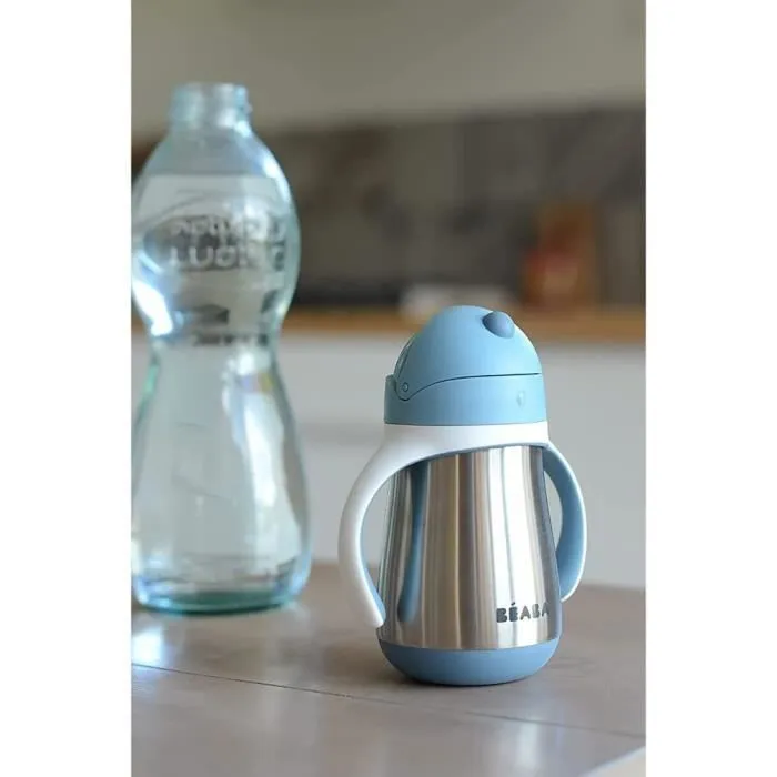 BEABA, Biberon/Tasse d'apprentissage /Gourde Bébé 2 en 1 Inox, Tasse Paille Enfant, 100% étanche, Anti-fuite, 250ml, Bleu-4