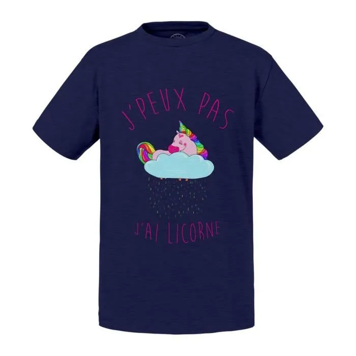 T-shirt Enfant Bleu J'Peux Pas J'Ai Licorne Humour Dessin Licorne Qui Dort sur Nuage Qui Pleut des Gouttes Arc-en-ciel-0