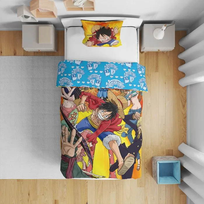 One Piece, Parure de Lit Enfant Imprimée Réversible, Modèle Luffy Equipage, Housse de Couette 140x200 cm, Taie d’Oreiller 63x63 cm-2