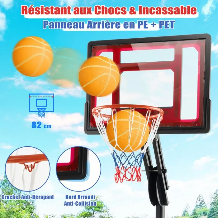 Panier de Basket-Ball sur Pied COSTWAY Hauteur Réglable 105-260cm-Tableau Arrière 82cm-2 Roues-Base Remplissable 35L-Ballon,Pompe-1