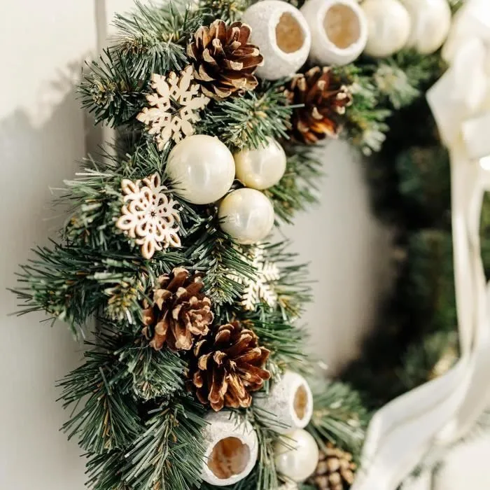 Couronne de Noël Crème - CREATIVE HOME - Diamètre 35 cm - Décoration Extérieure - Vert-2
