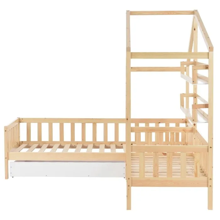 Lit Enfant Combiné avec Rangement -en Bois Massif- avec sommier à lattes-2 lits,Structure en L 90x200 cm+140x70cm- bois naturel-4