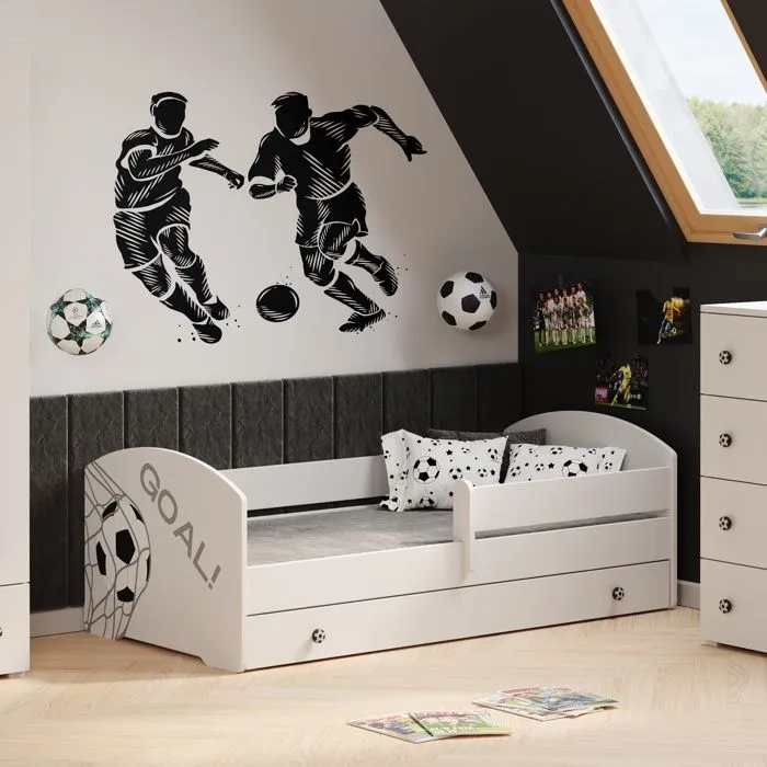 Lit enfant LUK 70x140 avec matelas sommier et tiroir, barrière de sécurité Blanc - football-0