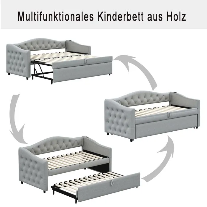 Canapé-lit extensible - Non spécifié - 90x200 cm - Port USB - Tissu lin - Gris-2