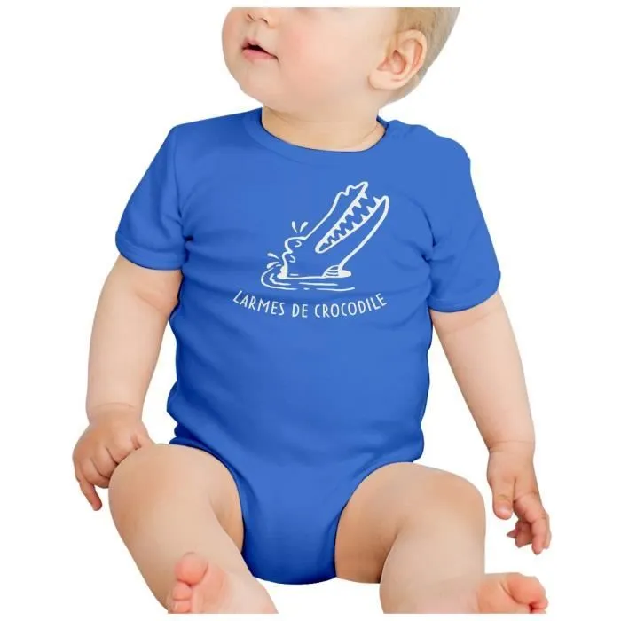 Body Bébé Manche Courte Bleu Larmes de Crocodile Dessin Original Illustration-1
