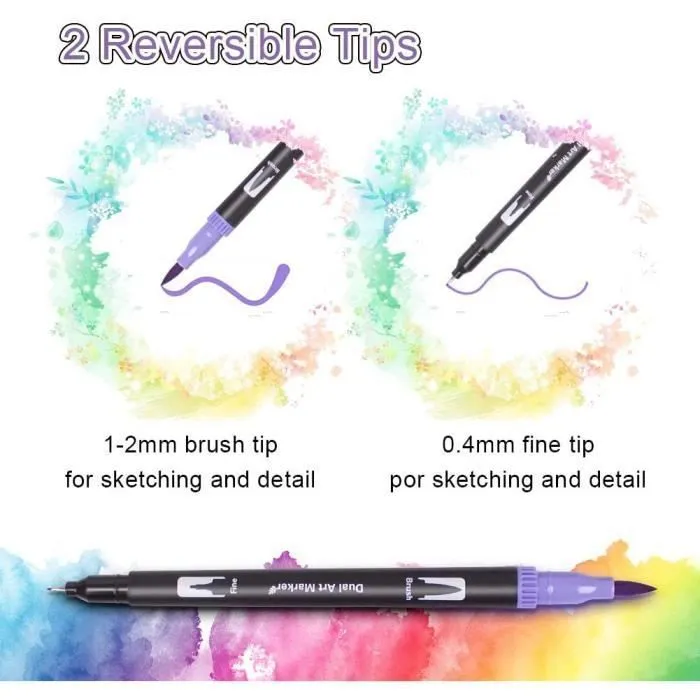 Feutres de Coloriage, 100 Couleurs Art Aquarelle Brosse Pointe Stylos et Pointe Fine pour Adulte Livres de Coloriage, Dessin-3