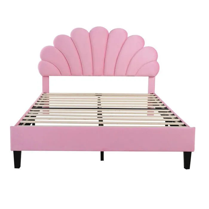 MODERNLUXE Lit double rembourré 140 x 200 cm, cadre de lit avec tête de lit fleurie et sommier à lattes, en tissu velours , rose-2