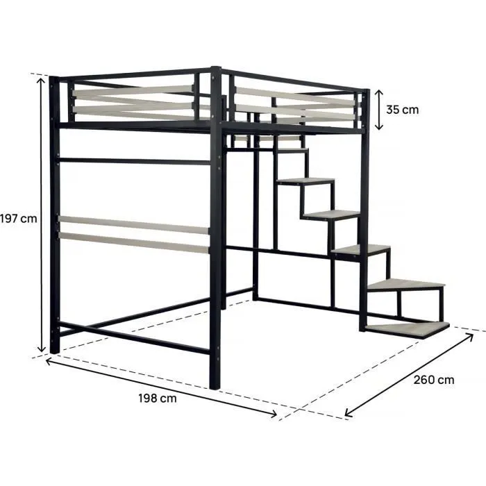 Lit mezzanine en métal avec escalier "LENA" - 140 x 190 cm - Noir-2