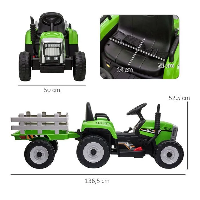 Tracteur électrique - HOMCOM - avec remorque amovible - avec télécommande MP3 musique affichage lumières - enfants 3-6 ans - vert-3