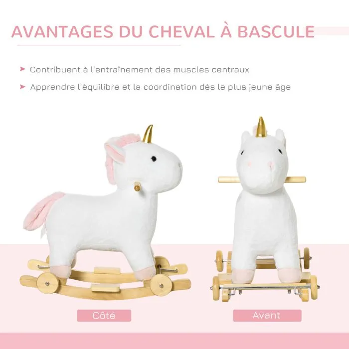 Cheval à bascule enfant - HOMCOM - licorne à bascule en bois avec roues - utilisation 2 en 1 pour petits enfants - avec effet sonore-5