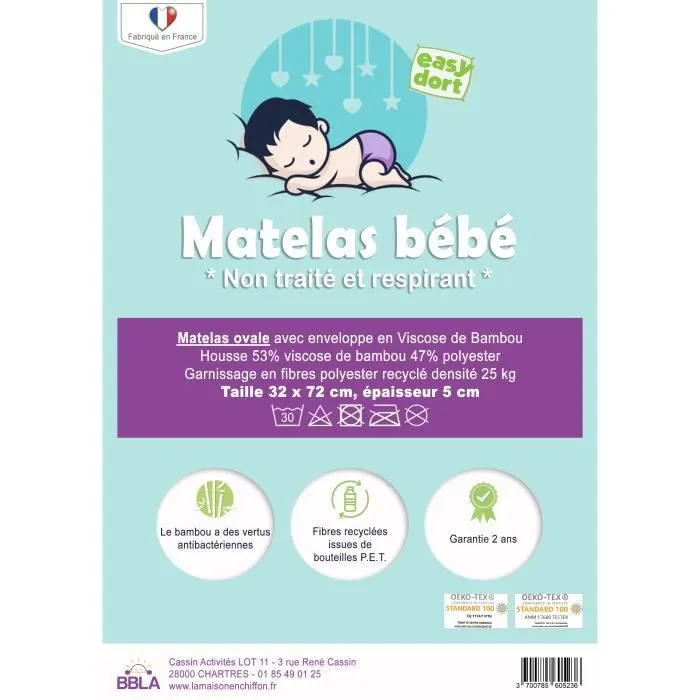 Matelas couffin en Bambou avec coins arrondis 32x72 cm-2