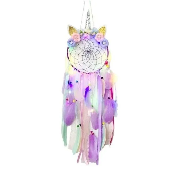 Attrape-Rêve - Licorne - Couronne de fleurs violette - LED - 75 cm - Capteur de rêves-0