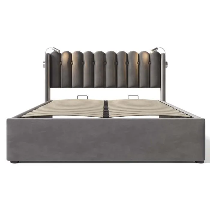 ModernLuxe Lit coffre 160x200 cm, lit adulte avec lampes de lecture et ports USB, sommier à lattes, tissu en velours, gris-1