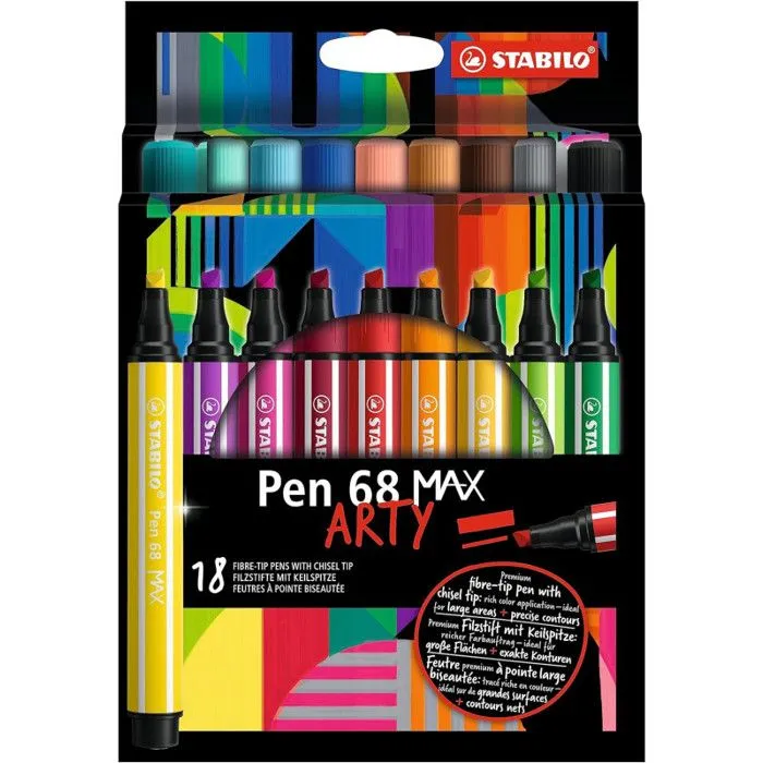 Feutres - STABILO - Pen 68 Max Arty - 18 couleurs - Pointe biseautée - Pour enfants et professionnels-0