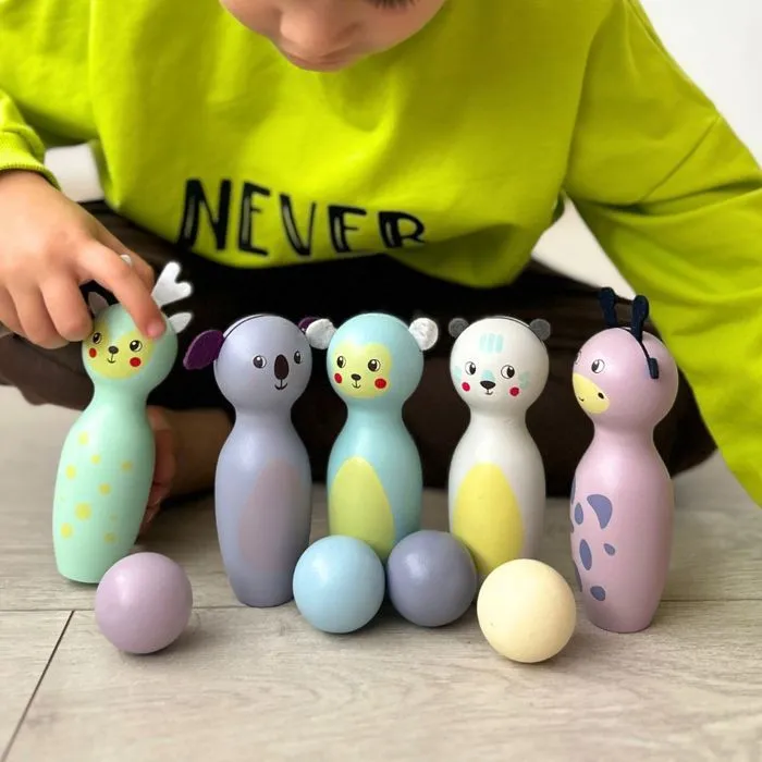 Jeux de Quille Bowling Enfant en Bois- Mamabrum- Lot de 6 bowling et 4 Boules - Animaux pastels- divertissement en Famille-2