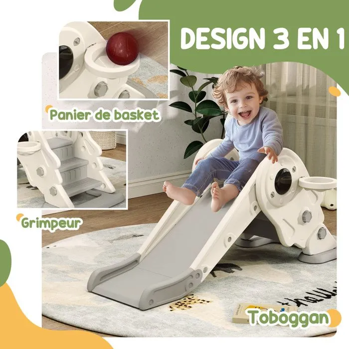 3 en 1 Toboggan pour enfants AIYAPLAY panier de basket et escalade, toboggan intérieur pour enfants pliable, de 2 à 5 ans, crème-4