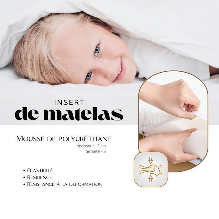 Matelas 90x190 enfant, 12 cm H3, mousse respirante, housse hypoallergénique lavable, double face, certifié Oeko-Tex 100-3