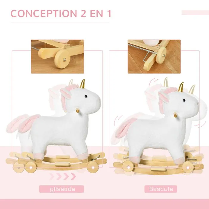Cheval à bascule enfant - HOMCOM - licorne à bascule en bois avec roues - utilisation 2 en 1 pour petits enfants - avec effet sonore-4